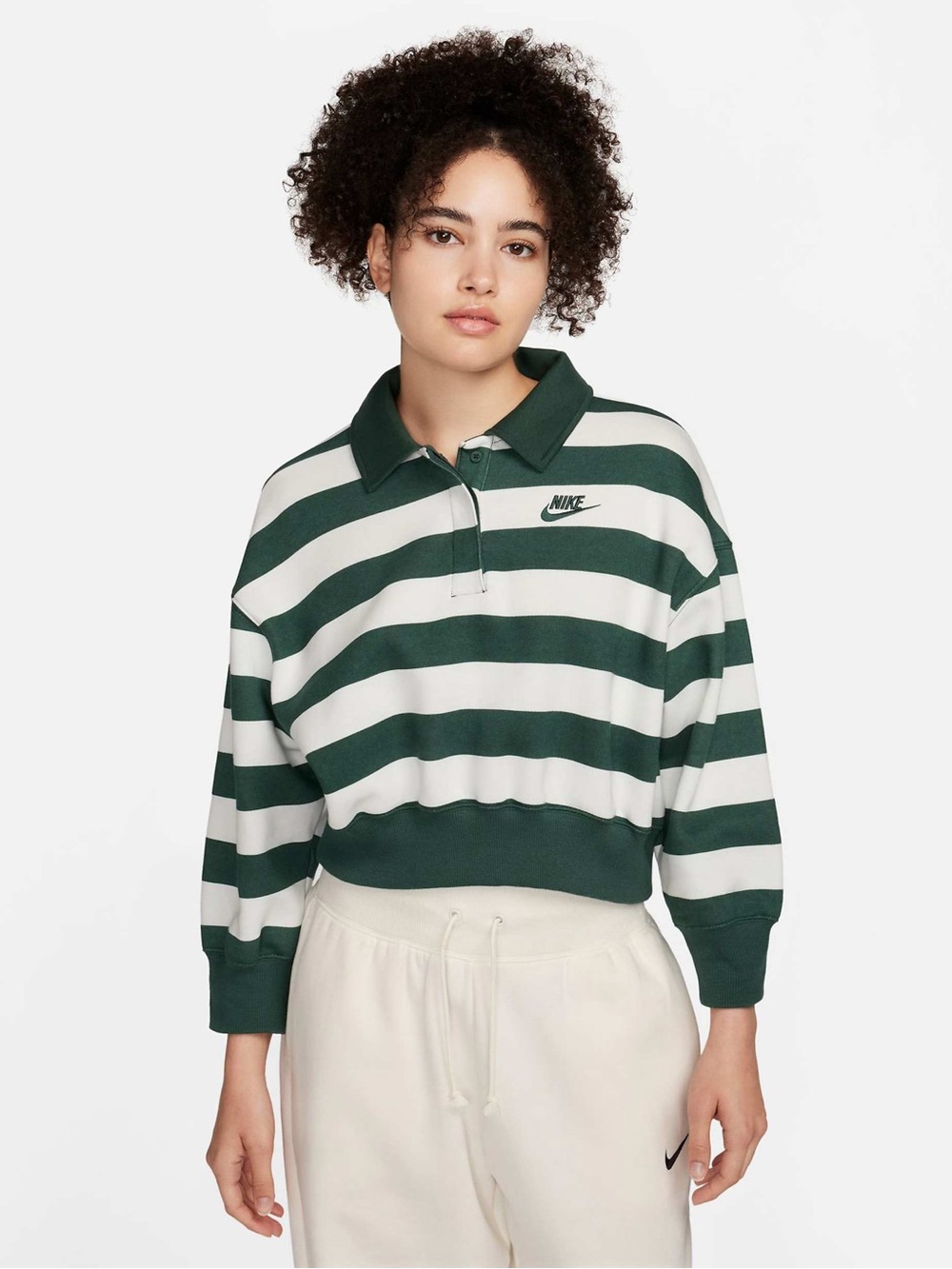 Nike Phoenix cropped striped polo top in green and White Cotton 3/4 sleeves Med